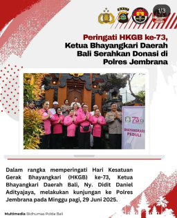 Peringati HKGB ke-73, Ketua Bhayangkari Daerah Bali Serahkan Donasi di Polres Jembrana