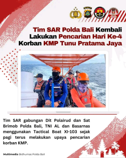 Tim SAR Polda Bali Kembali Lakukan Pencarian Hari Ke-4 Korban KMP Tunu Pratama Jaya