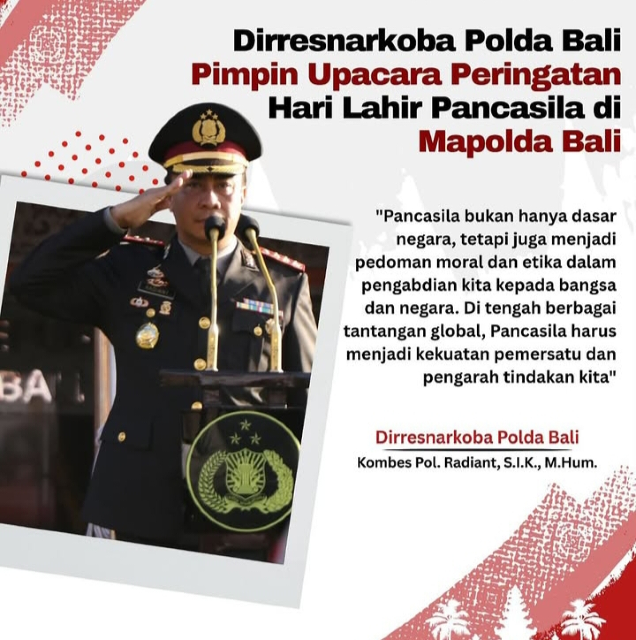 Dirresnarkoba Polda Bali Pimpin Upacara Peringatan Hari Lahir Pancasila di Mapolda Bali
